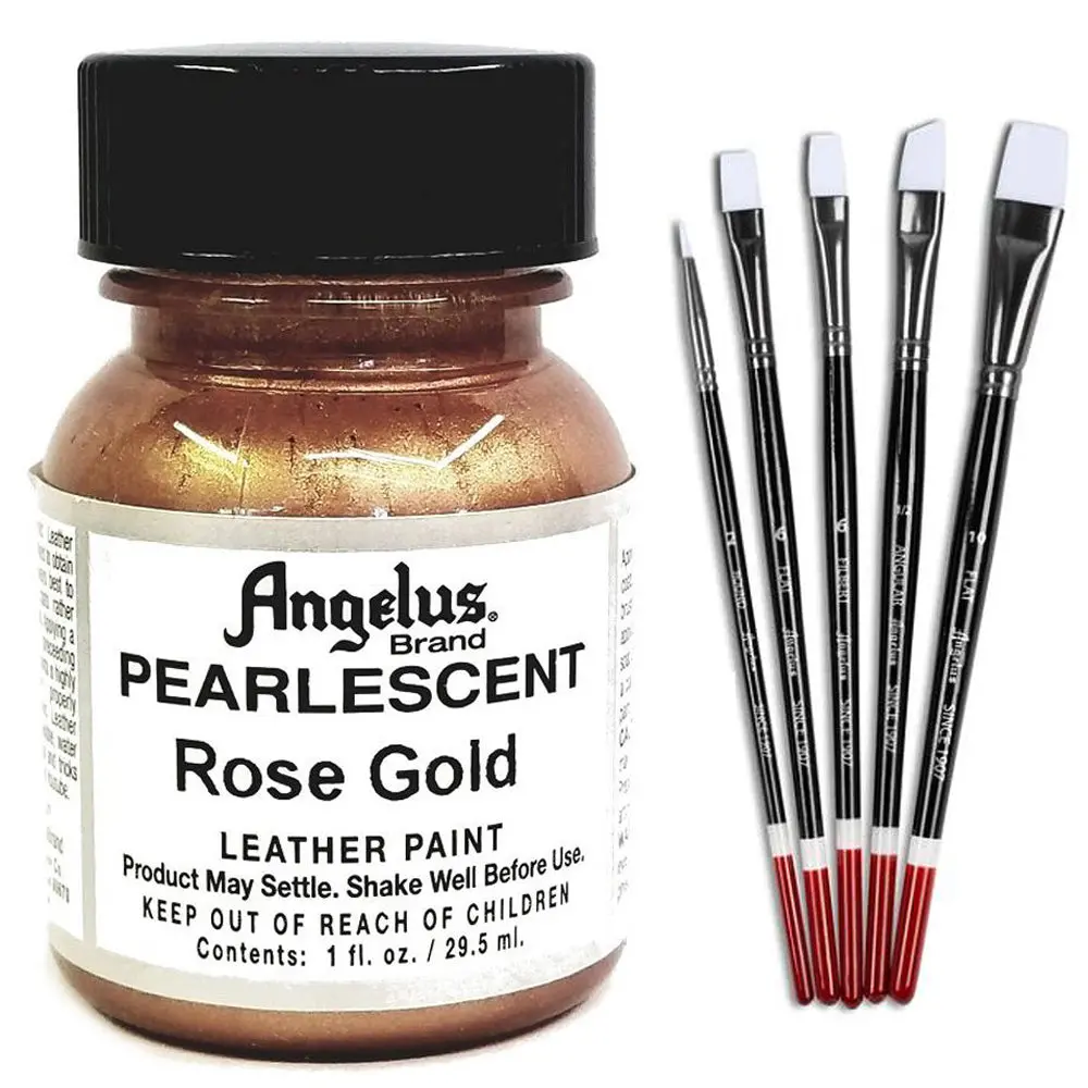 1 Oz Angelus Pearlescent Leather Paint Rose Gold W/ 5 Pc Brush Set 1