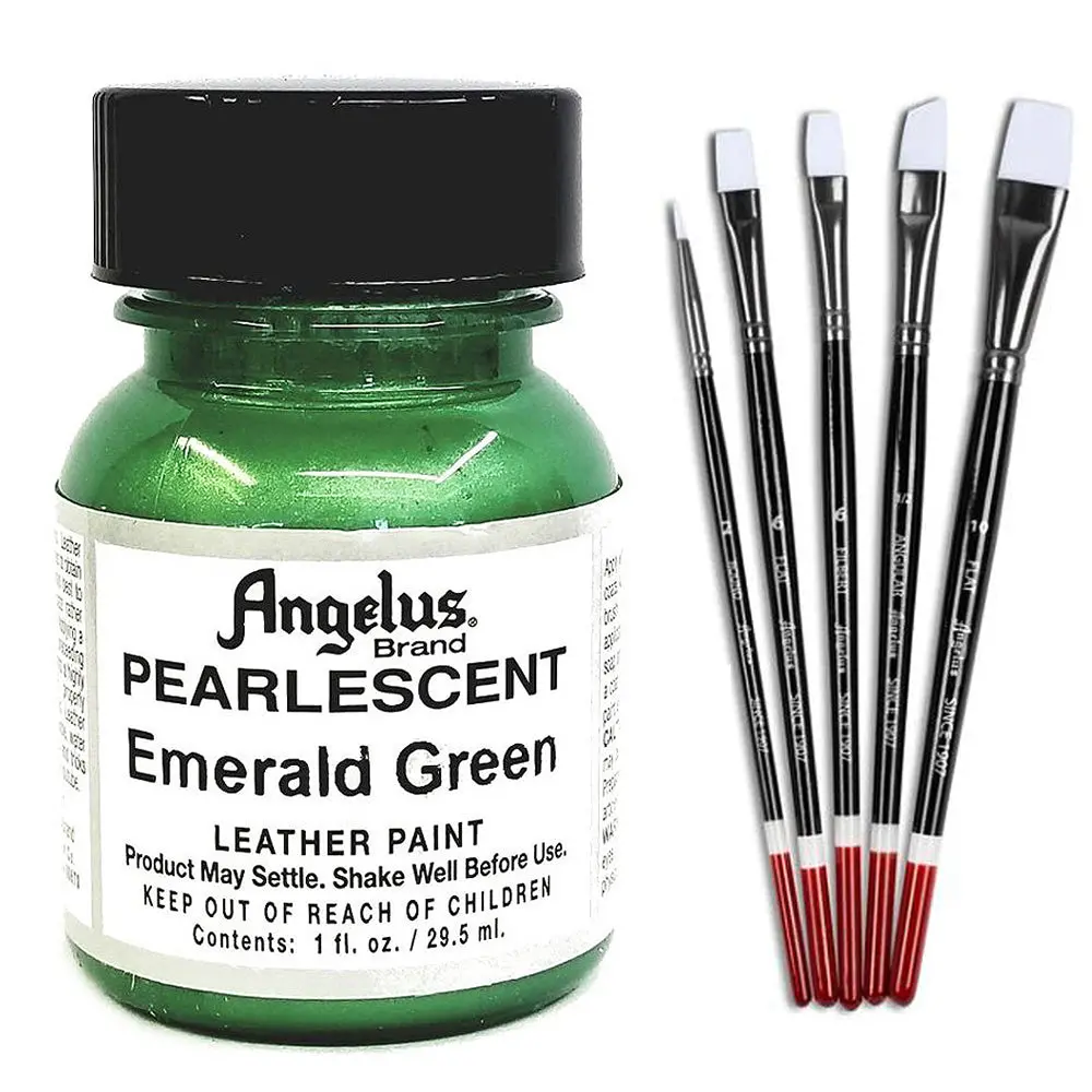 1 Oz Angelus Pearlescent Leather Paint Emerald Green W/ 5 Pc Brush Set 1