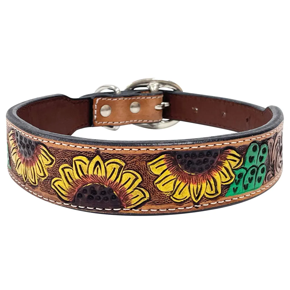 Bar H Equine Natural Cacti Sunflower Hand Painted Western Leather Dog Collar 1