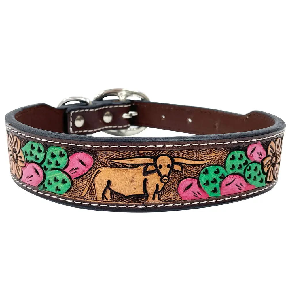Bar H Equine Cactus Hand Painted And Carved Western Leather Dog Collar Brown 1