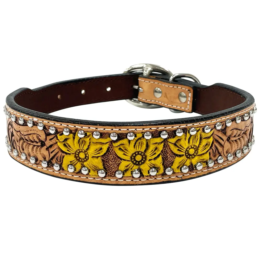 Bar H Equine Natural Daffodil Floral Hand Painted Western Leather Dog Collar Tan 1