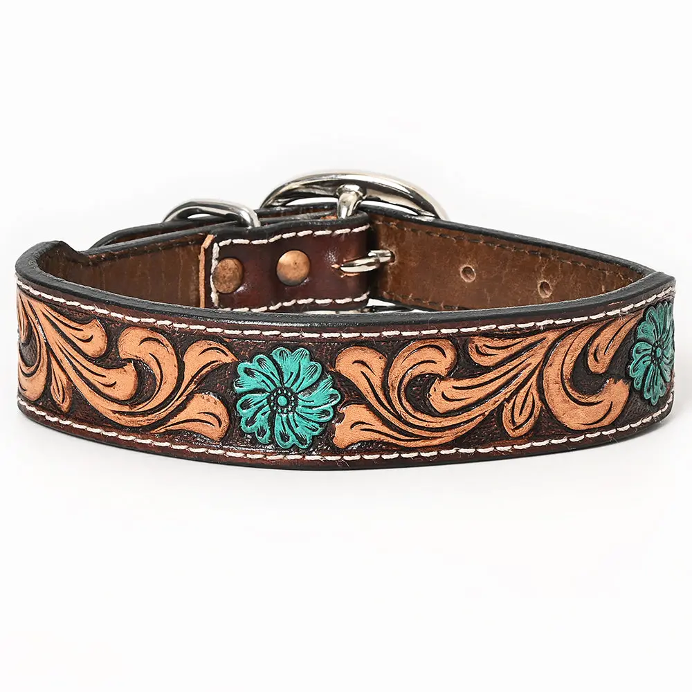 Bar H Equine Ella Young Turquoise Flower Hand Painted Western Leather Dog Collar 1