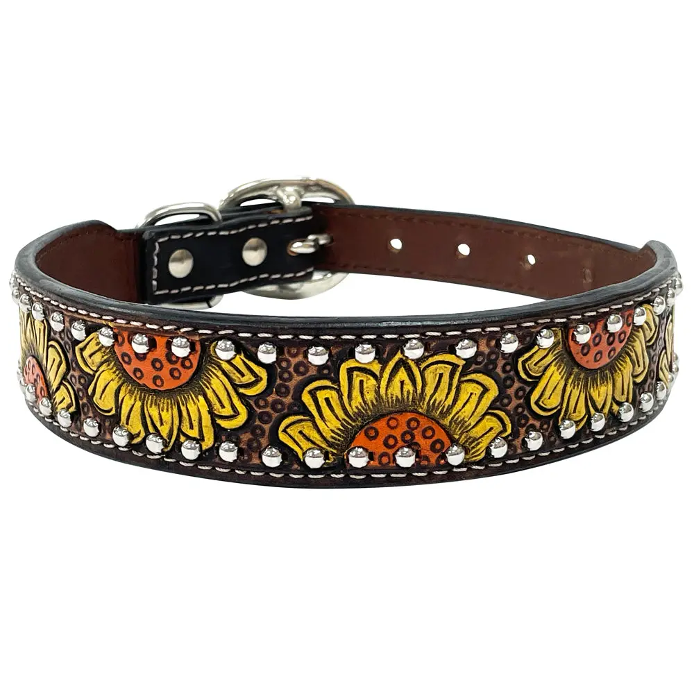 Bar H Equine Natural Holly Sunflower Hand Painted Western Leather Dog Collar 1