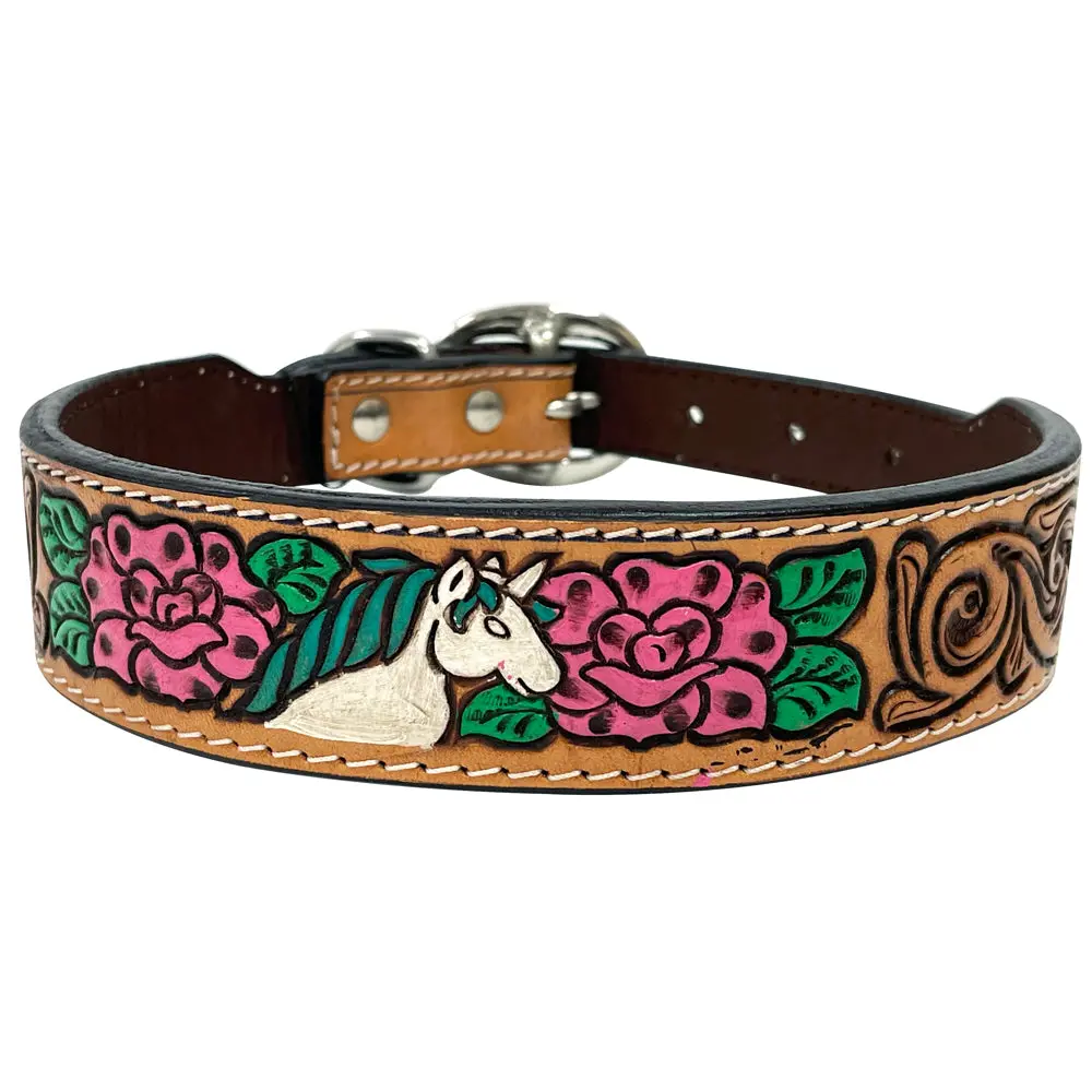 Bar H Equine Floral Belle Unicorn Hand Painted Western Leather Dog Collar Tan 1