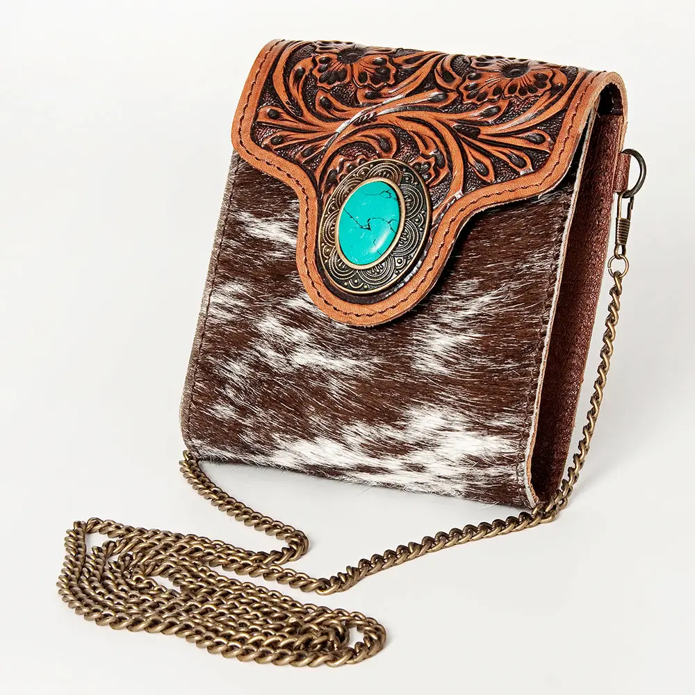 American Darling Small Cross Body Bag Western Leather Hair-On Cowhide Hand Tooled Floral Turquoise Concho 5.5X5 2