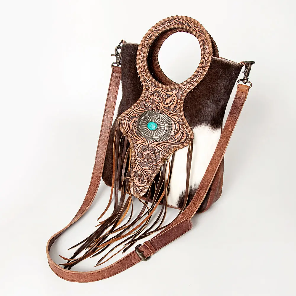 American Darling Clutch Bag Western Leather Hand Tooled Floral Carved Hair-On Cowhide Turquoise Concho & Fringes 14X12 1