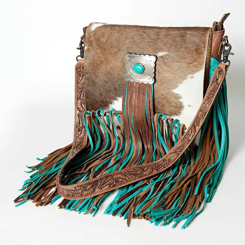American Darling Messenger Bag Western Leather Hair-On Cowhide With Turquoise Concho Fringes Hand Tooled Strap 12X15 1