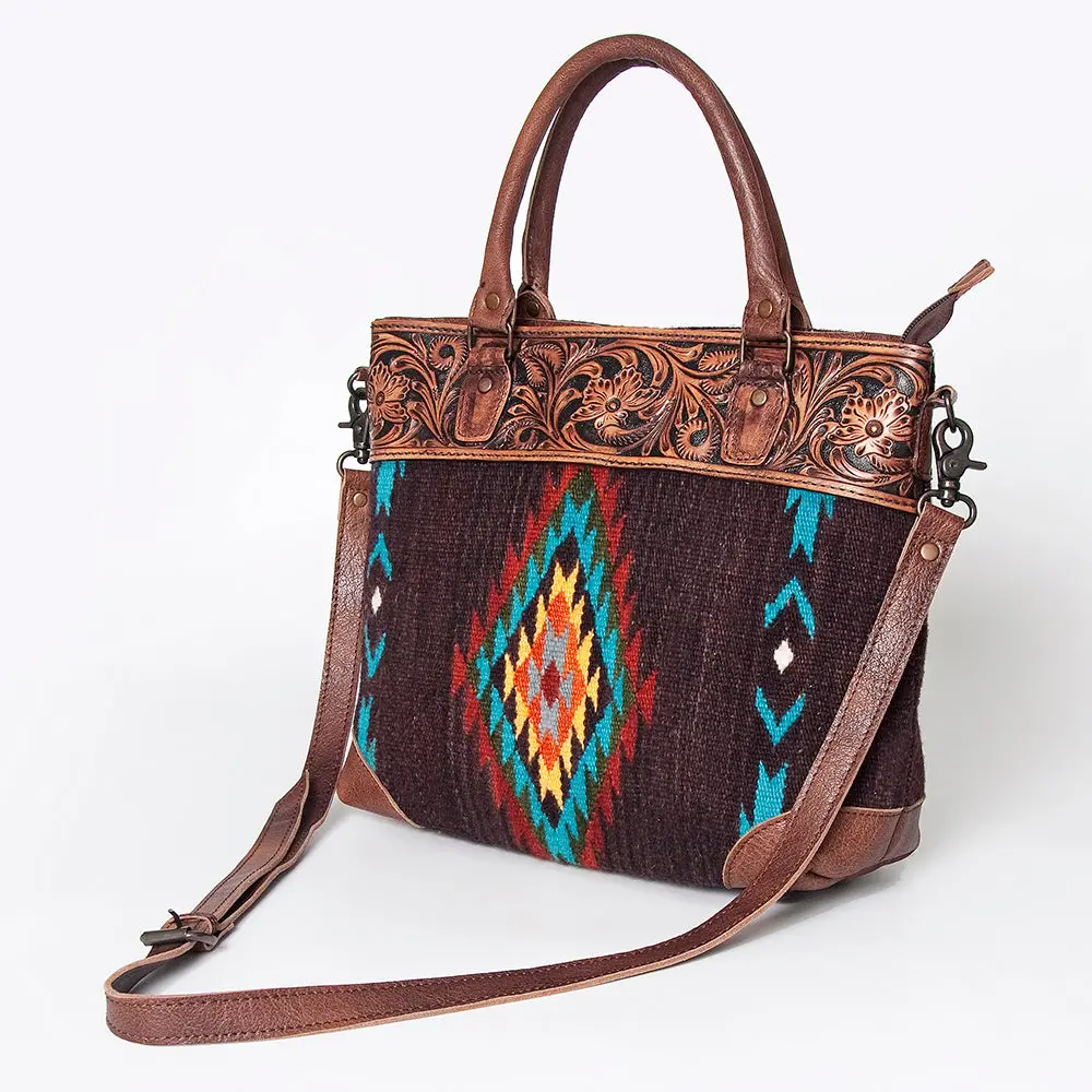 American Darling Tote Bag Western Leather Hand Tooled Floral Carved Hand Woven Saddle Blanket Genuine Leather 12X16 1