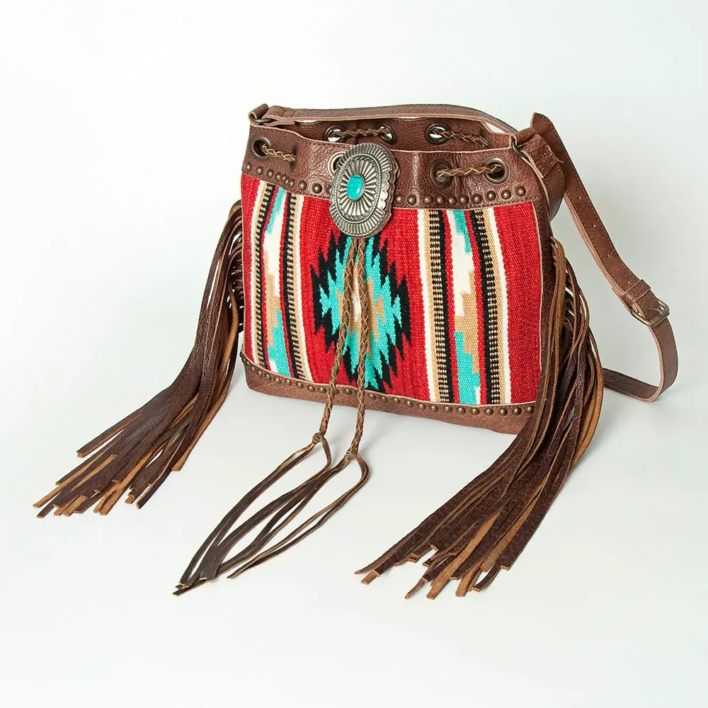 American Darling Bucket Bag Western Leather Hand Woven Saddle Blanket Turquoise Concho Fringes Tassels 11In X 14In 1