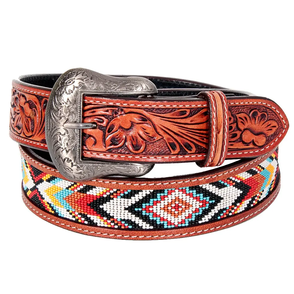 Bar H Equine Hand Tooled Genuine Leather Crafted Unisex Brown Western Belt Beaded Carving | Bead Belts For Women Men 1