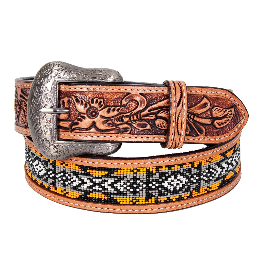 Bar H Equine Hand Tooled Genuine Leather Crafted Unisex Tan Western Belt Beaded Carving | Bead Belts For Women Men 1