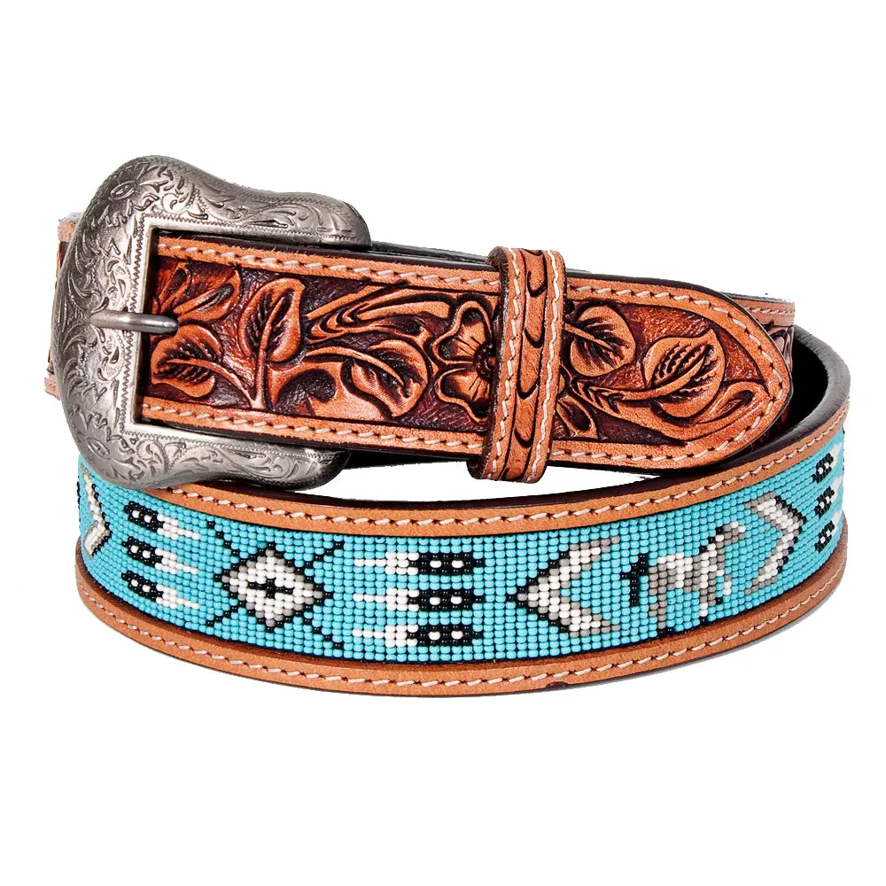 Bar H Equine Hand Tooled Genuine Leather Crafted Unisex Tan Western Belt Beaded Carving | Bead Belts For Women Men 1