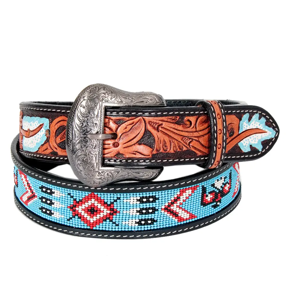 Bar H Equine Hand Tooled Genuine Leather Crafted Unisex Black Western Belt Beaded Carving | Bead Belts For Women Men 1