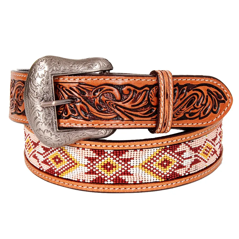 Bar H Equine Hand Tooled Genuine Leather Crafted Unisex Tan Western Belt Beaded Carving | Bead Belts For Women Men Bea 1