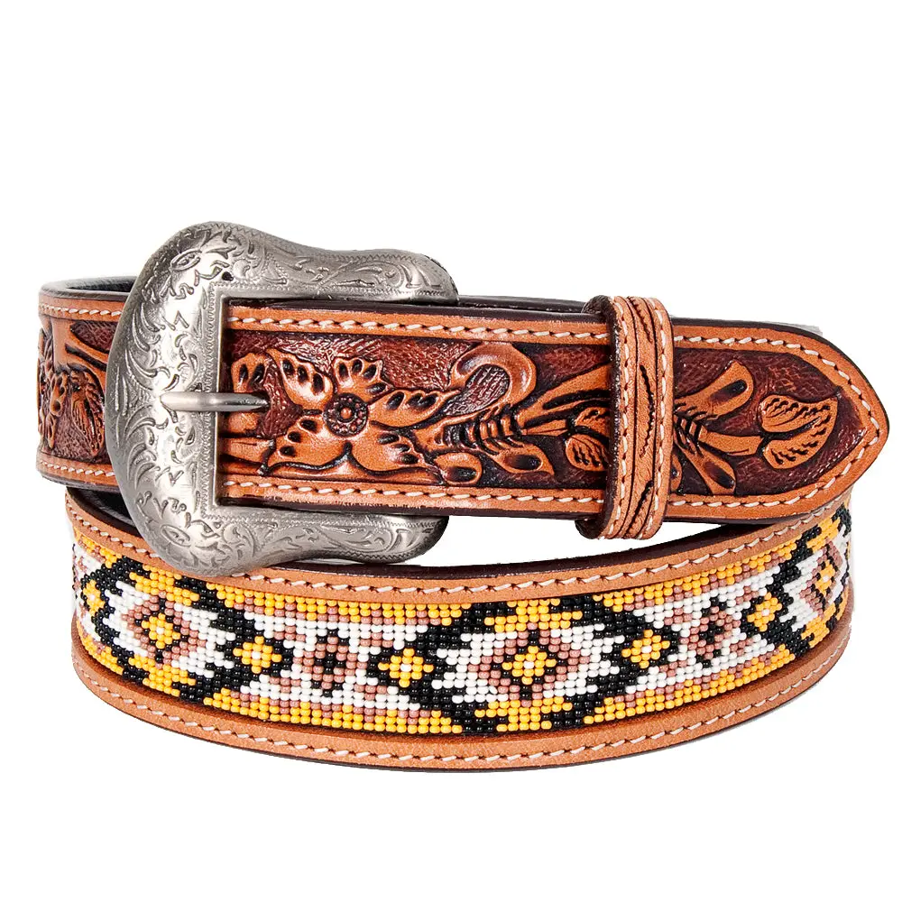 Bar H Equine Hand Tooled Genuine Leather Crafted Unisex Tan Western Belt Beaded Carving | Bead Belts For Women Men Bea 1