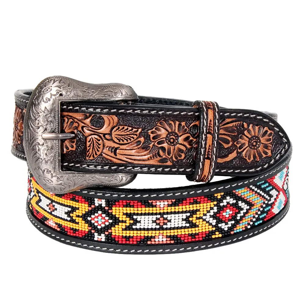Bar H Equine Hand Tooled Genuine Leather Crafted Unisex Black Western Belt Beaded Carving | Bead Belts For Women Men B 1