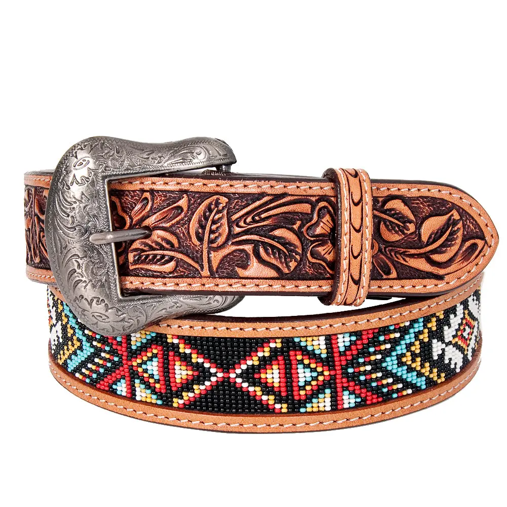 Bar H Equine Hand Tooled Genuine Leather Crafted Unisex Tan Western Belt Beaded Carving | Bead Belts For Women Men Bea 1