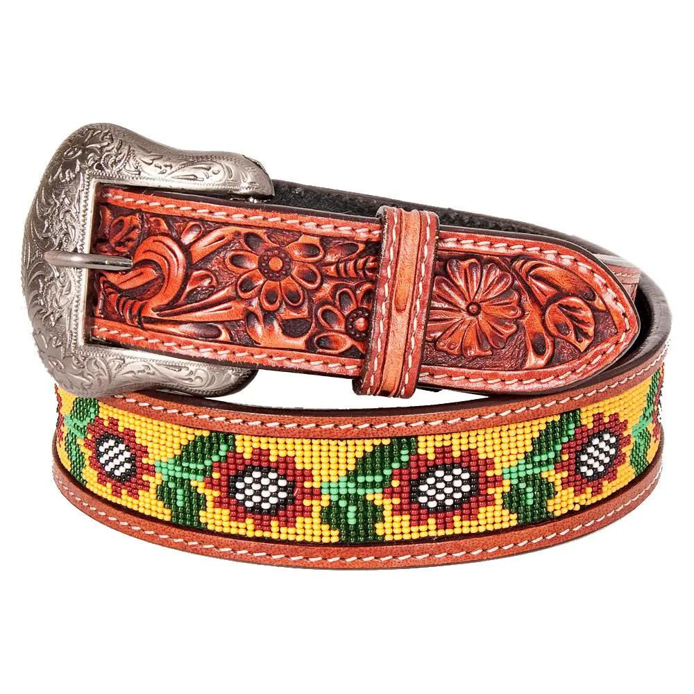 Bar H Equine Hand Tooled Genuine Leather Crafted Unisex Brown Western Belt Beaded Carving | Bead Belts For Women Men B 1