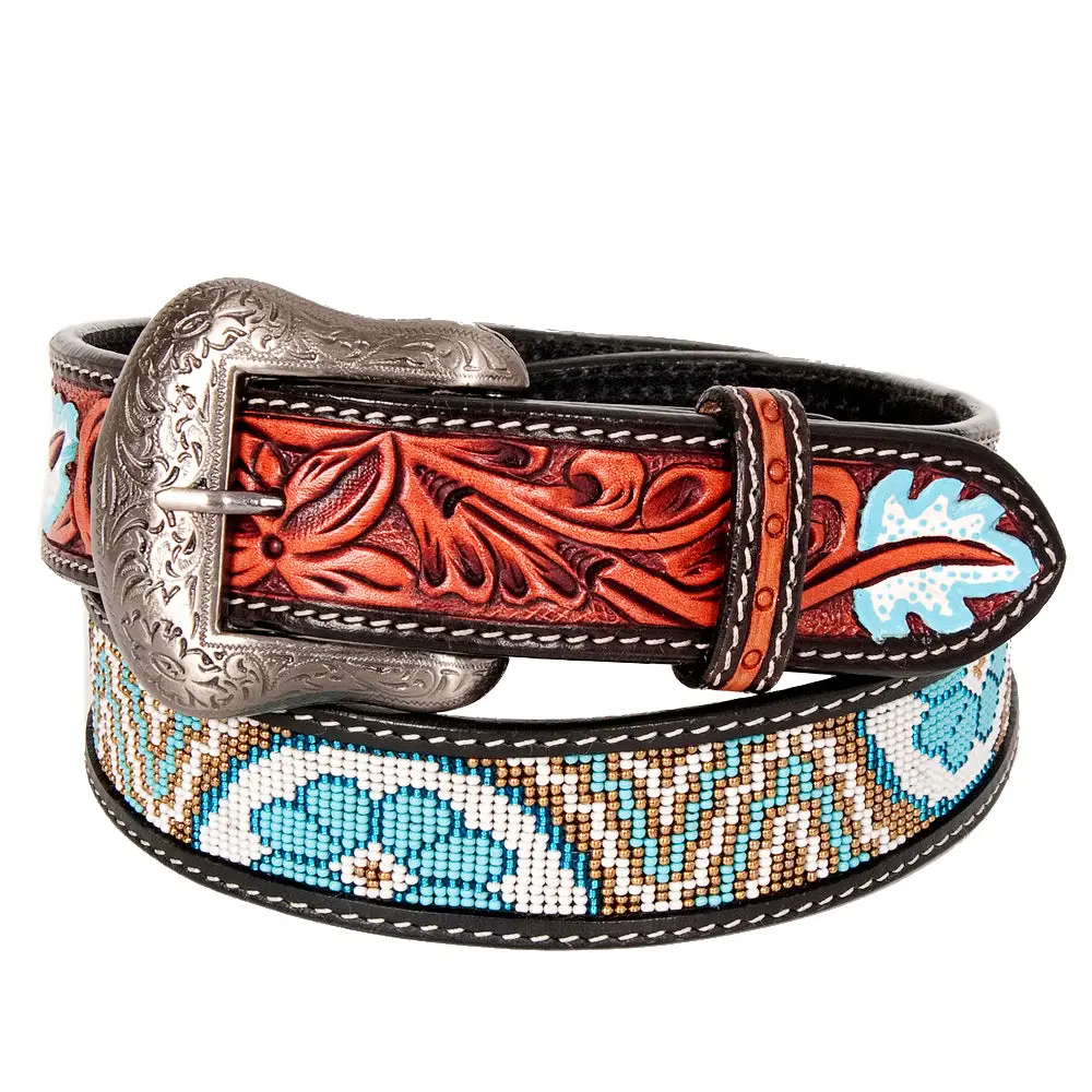 Bar H Equine Hand Tooled Genuine Leather Crafted Unisex Black Western Belt Beaded Carving | Bead Belts For Women Men B 1