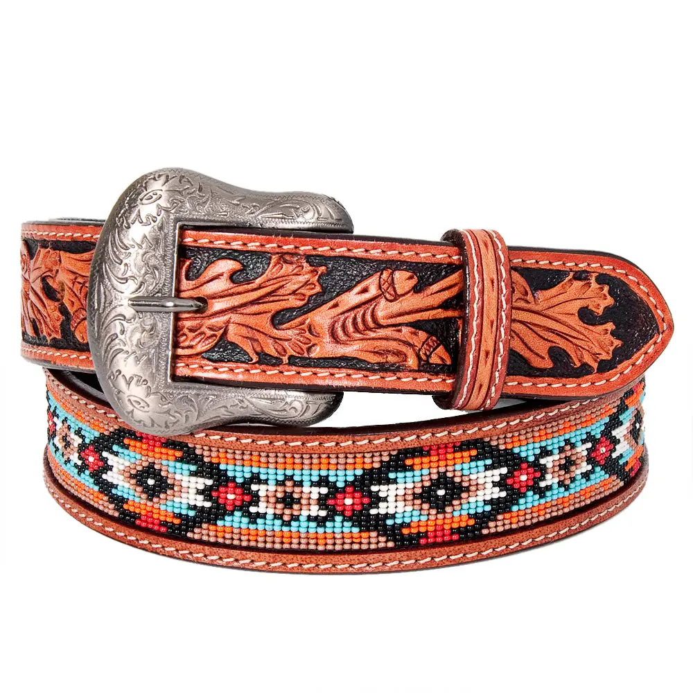 Bar H Equine Hand Tooled Genuine Leather Crafted Unisex Brown Western Belt Beaded Carving | Bead Belts For Women Men B 1