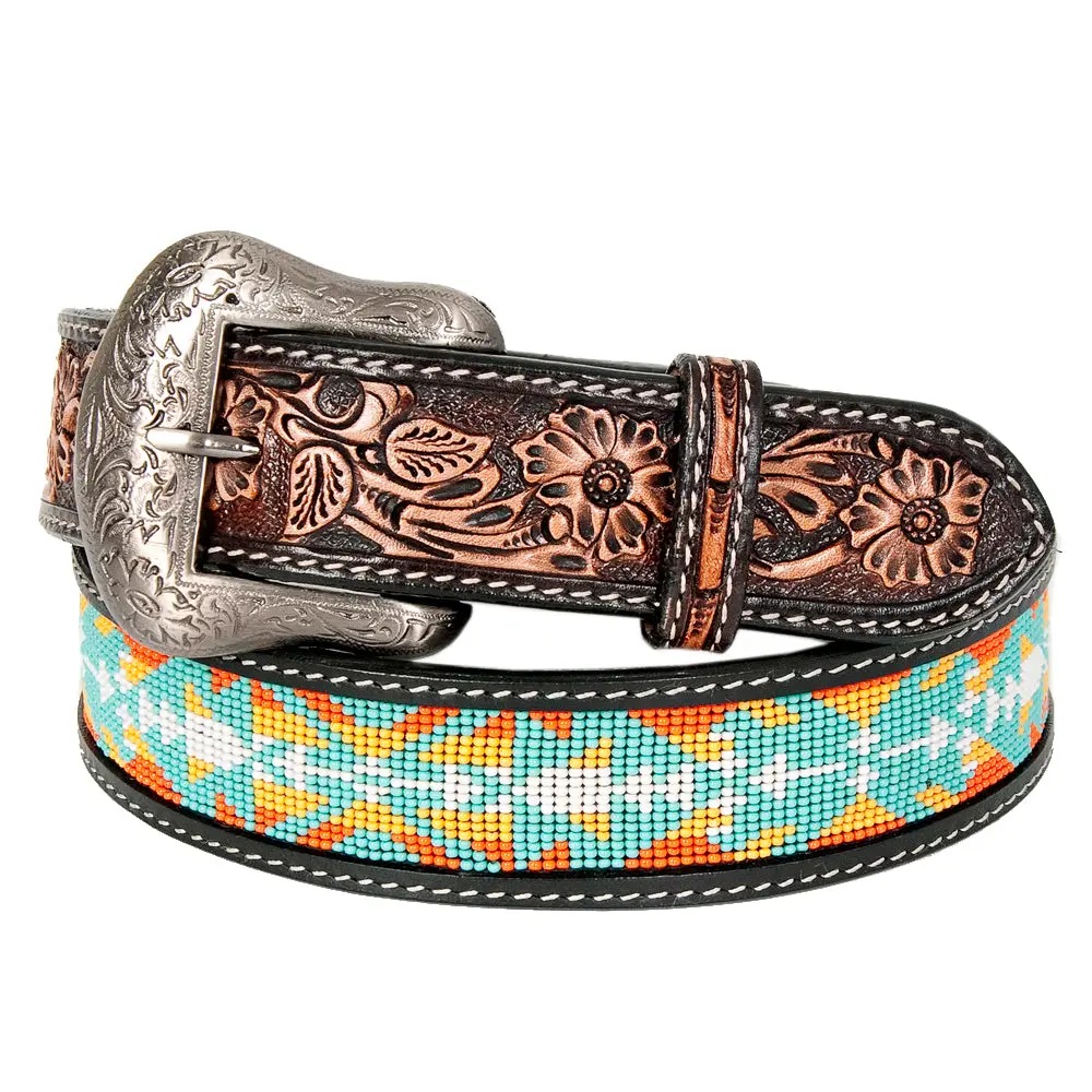 Bar H Equine Hand Tooled Genuine Leather Crafted Unisex Black Western Belt Beaded Carving | Bead Belts For Women Men B 1