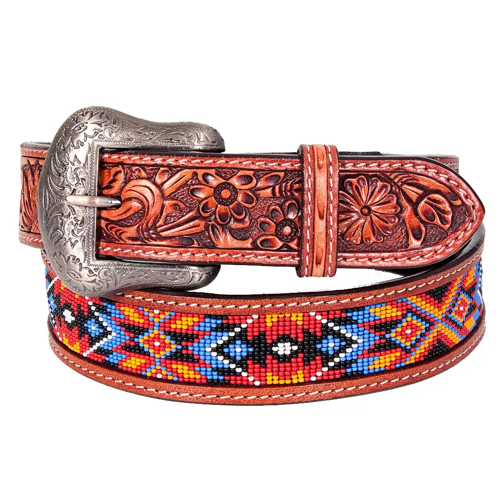 Bar H Equine Hand Tooled Genuine Leather Crafted Unisex Brown Western Belt Beaded Carving | Bead Belts For Women Men B 1