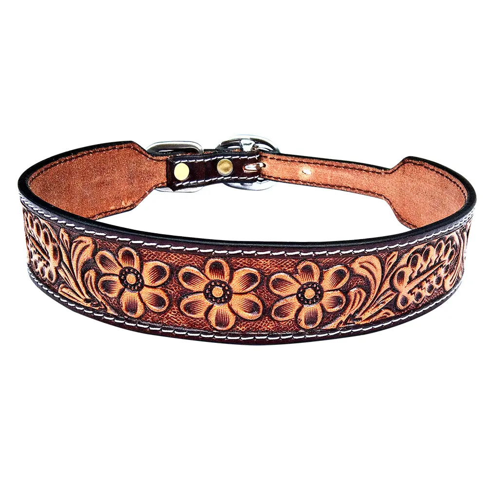 Tan Large Hilason Strong Genuine Leather Dog Collar Painted 1