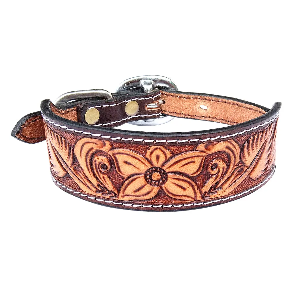 Hilason Western Genuine Leather Heavy Duty Dog Collar Floral Tooled Tan | For Dogs Comfortable 1