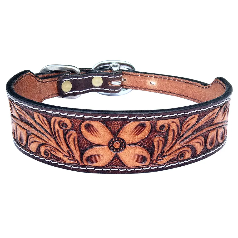Bar H Equine Western Genuine Leather Dog Collar Hand Tooled Brown 1