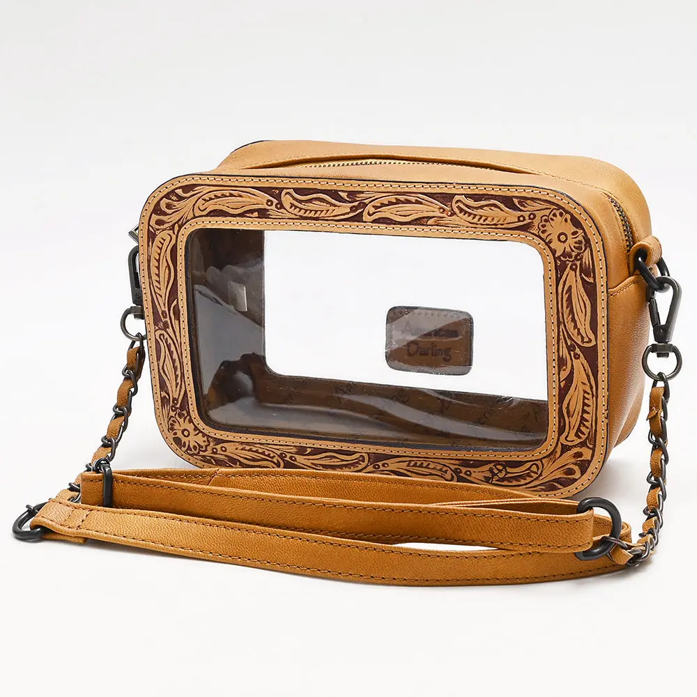 American Darling Clear Crossbody Purse Hand Tooled Tan Leather Trim, Stadium Approved Western Style 1