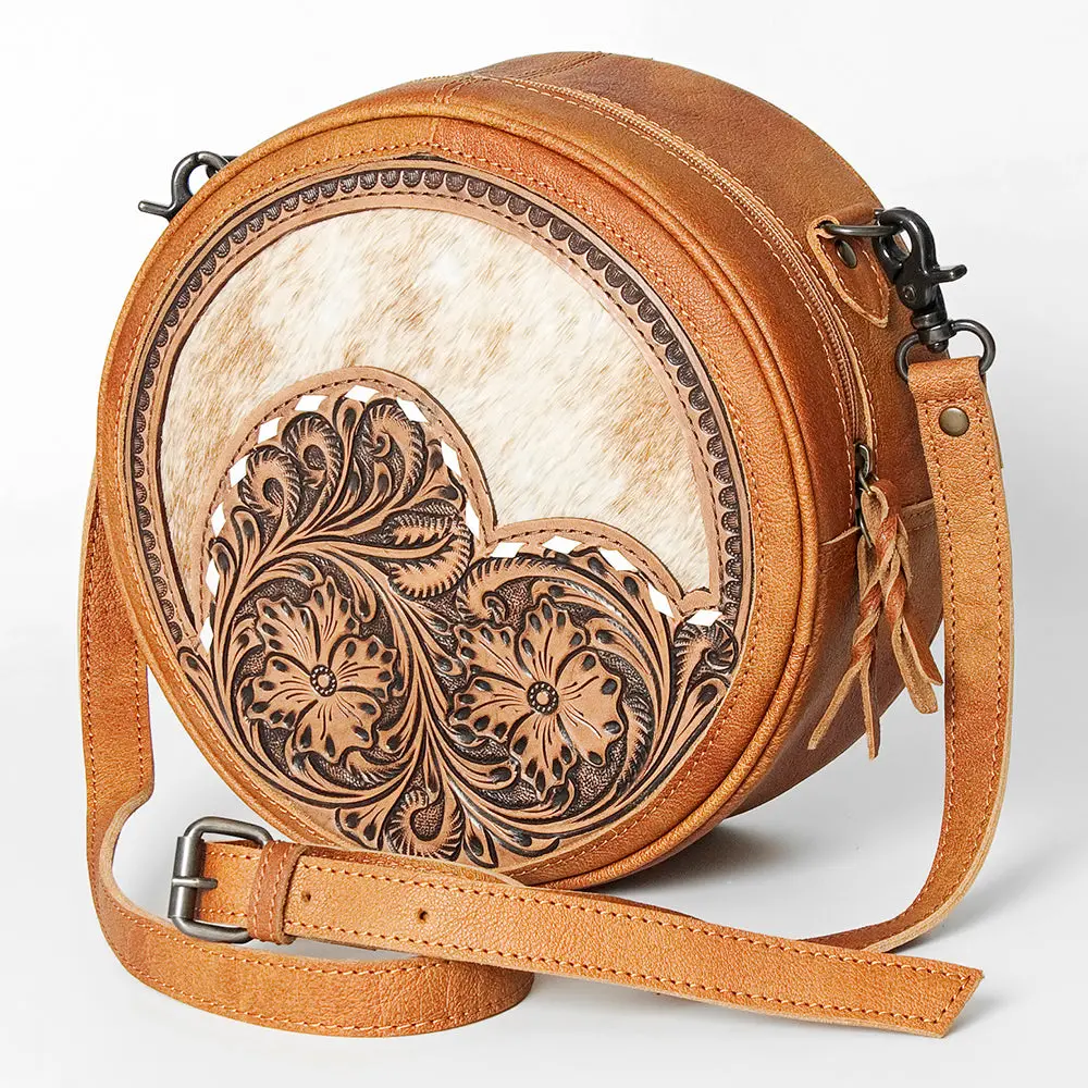 American Darling Canteen Bag Western Leather Hand Tooled Floral Carved Hair-On Cowhide Buck Stitched 10In X 10In 1