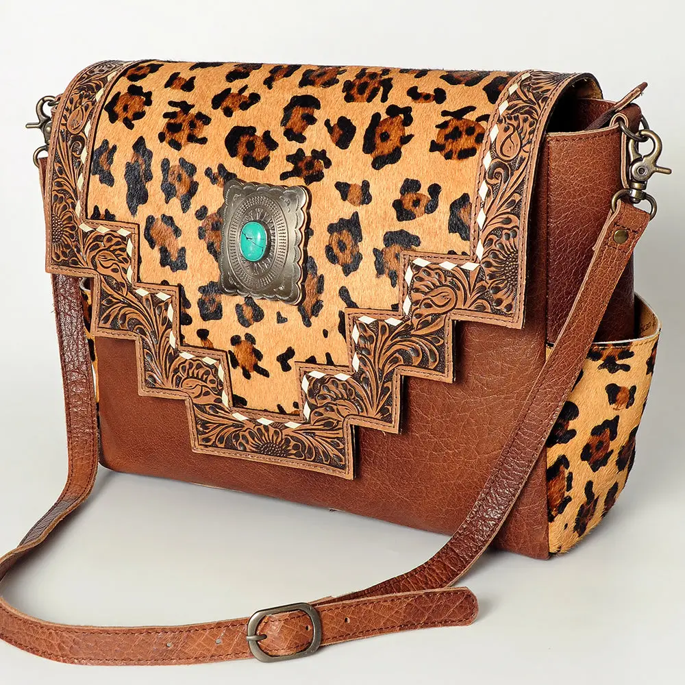 American Darling Messenger Bag Western Leather Hand Tooled Floral Carved Hair-On Cowhide Buckstitched 12In X 16In 1