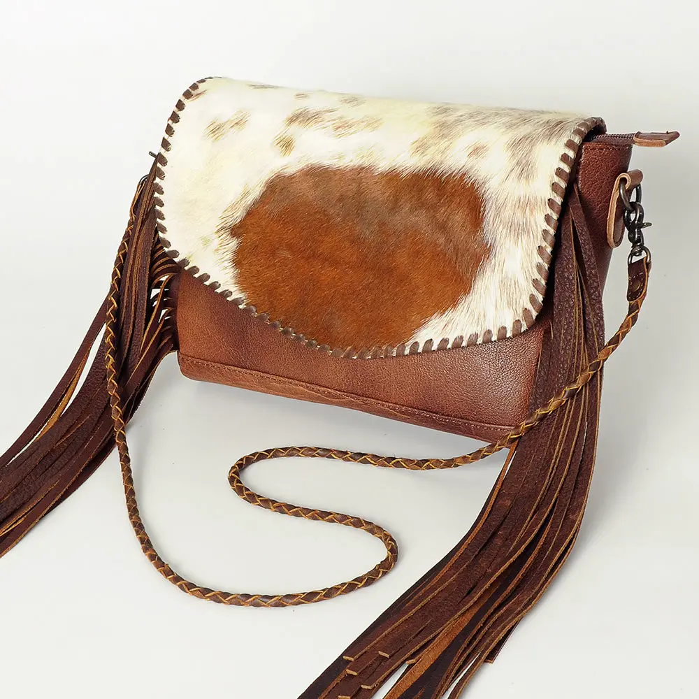 American Darling Cross Body Bag Western Leather Hair-On Cowhide Braided Detail With Fringes 8In X 11In 1
