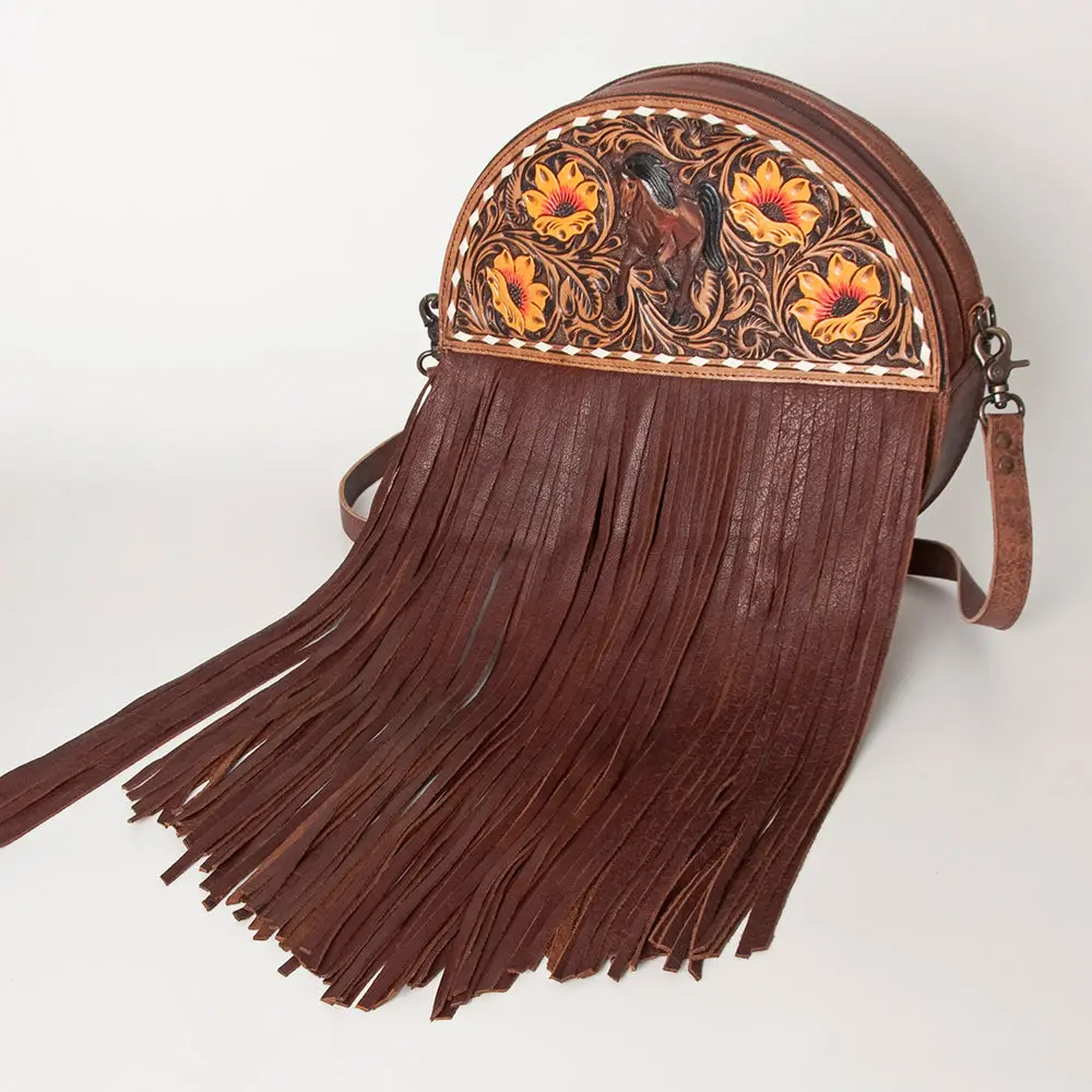 American Darling Canteen Bag For Women, Hand Tooled Floral Leather, Western Style Crossbody With Fringes, Genuine Leather 1