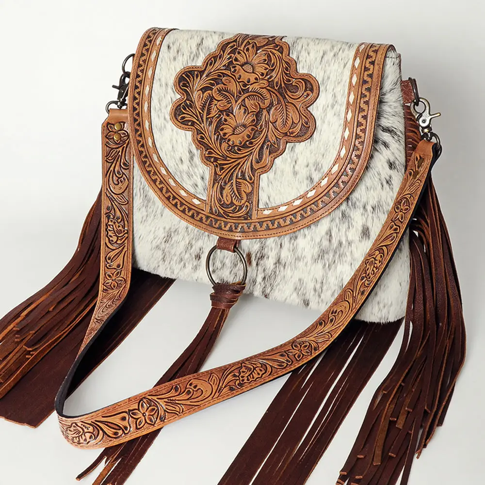 American Darling Messenger Bag For Women, Hand Tooled Floral Leather, Hair-On Cowhide With Fringes, Genuine Western Leather 1