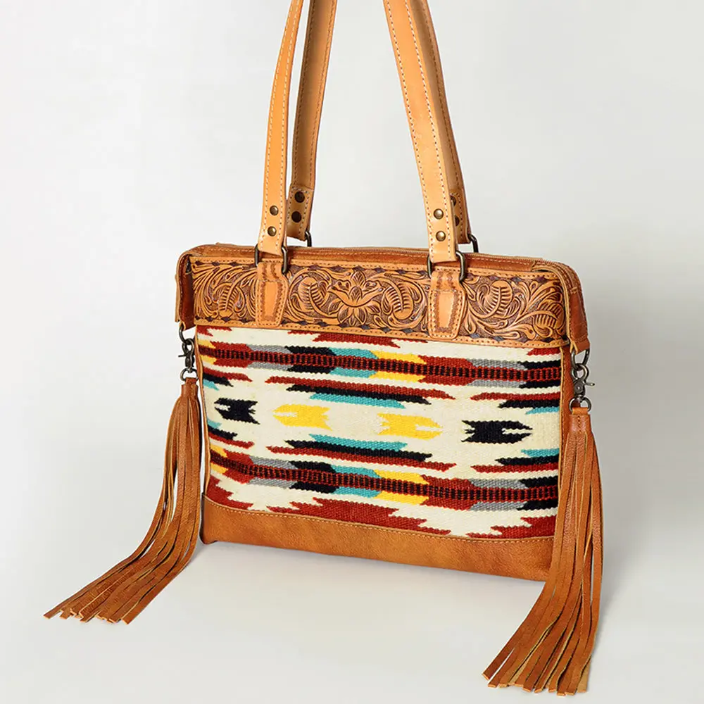 American Darling Tote Bag For Women, Hand Tooled Floral Leather, Hand Woven Saddle Blanket, Fringed Western Purse 1