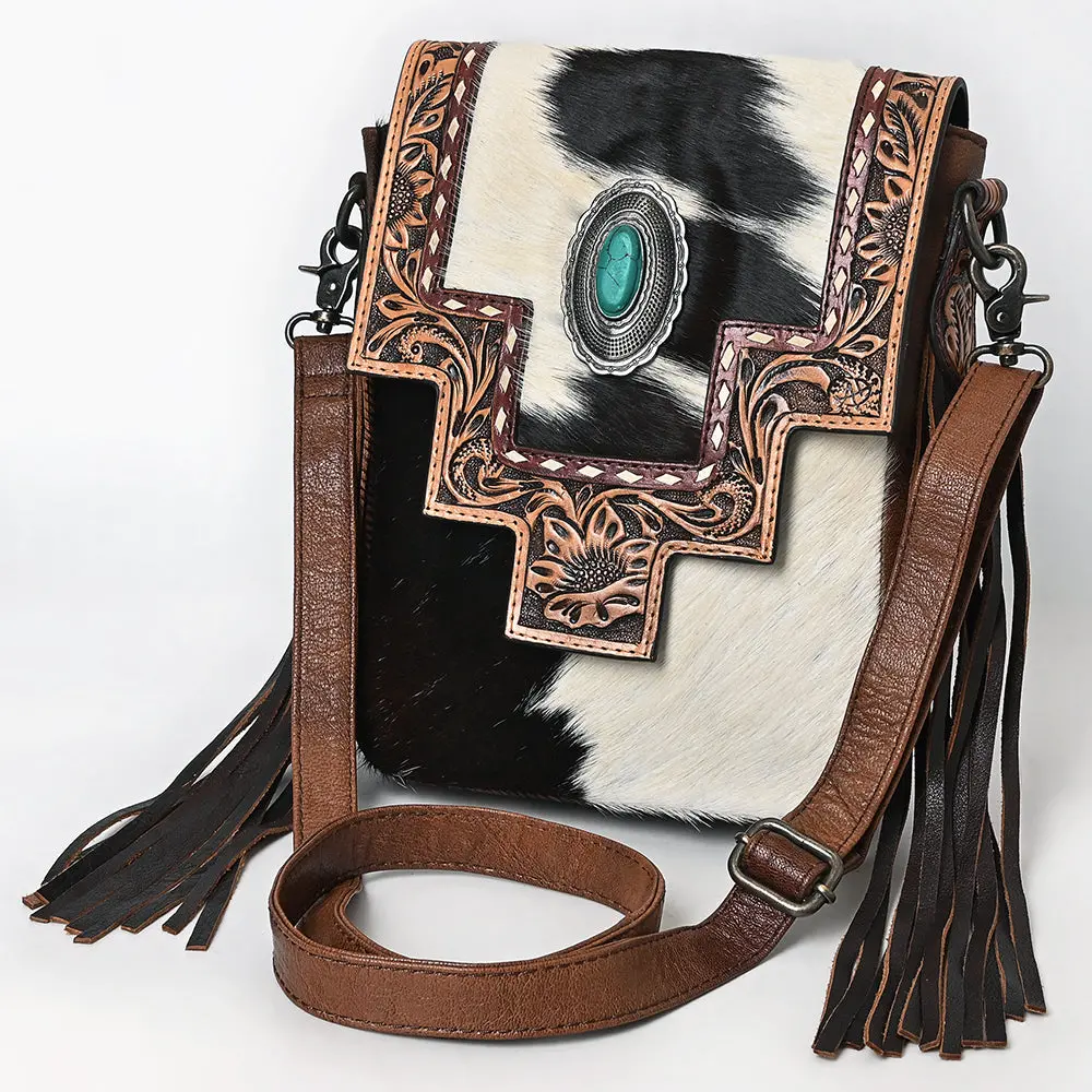 American Darling Messenger Bag For Women, Hand Tooled Floral Leather, Hair-On Cowhide, Woven Saddle Blanket, Genuine Leather 1