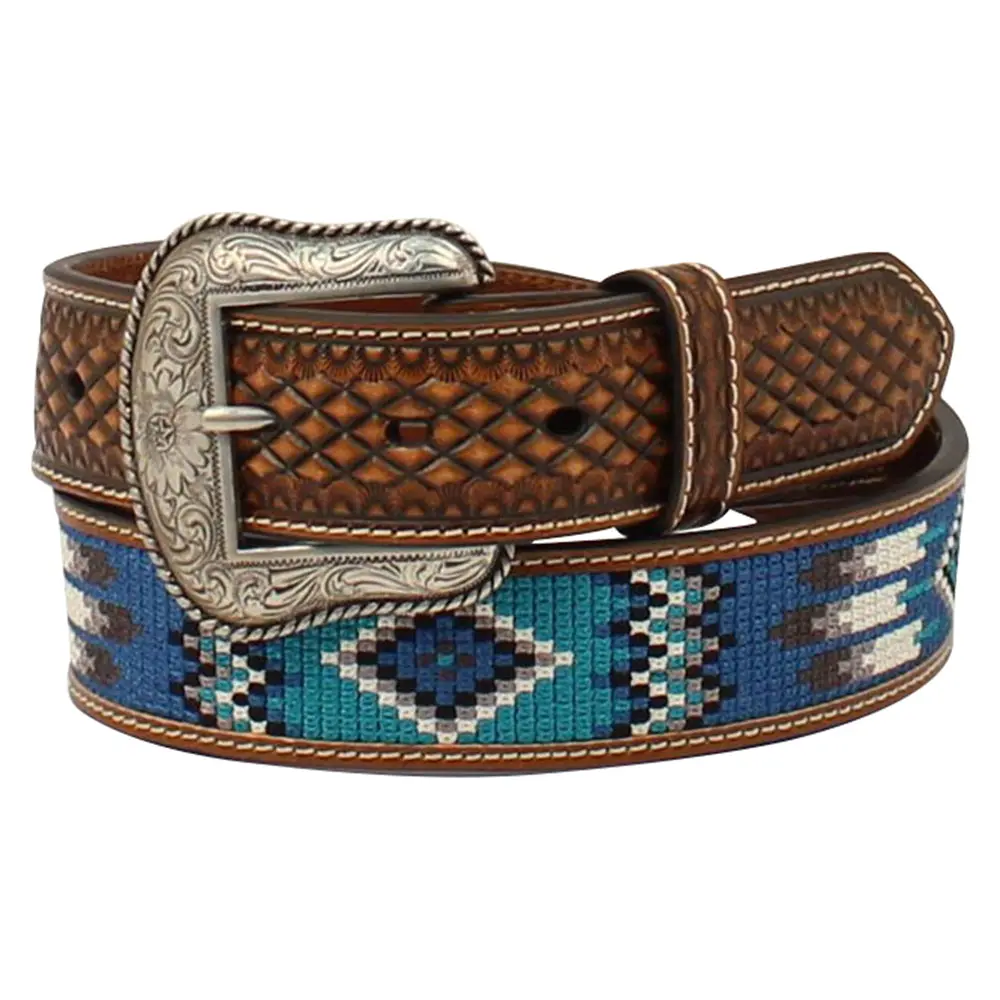 Ariat Mens Brown & Blue Southwest Embroidered Leather Belt 1