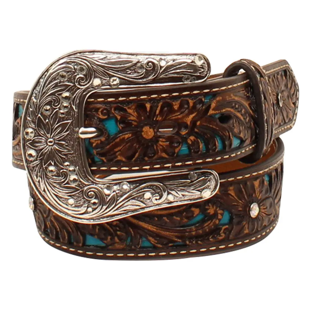 20" Ariat Girls Rhinestone Sparkly Floral Leather Belt 1