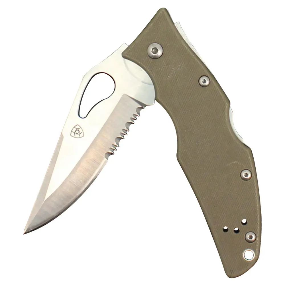 Ariat Folding Integrated Serrated Plain Edge Blade Pocket Knife Olive 1