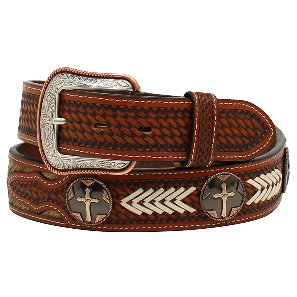 M&F Western 1.5 In. Mens Tooled Tabs Calf Hair Copper Cross Concho Belt Tan 1