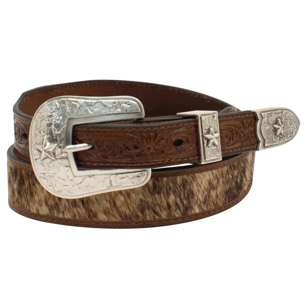 M&F Western 3D Leather Belt Calf Hair Floral Tooled & 3-Piece Star Buckle Set 1