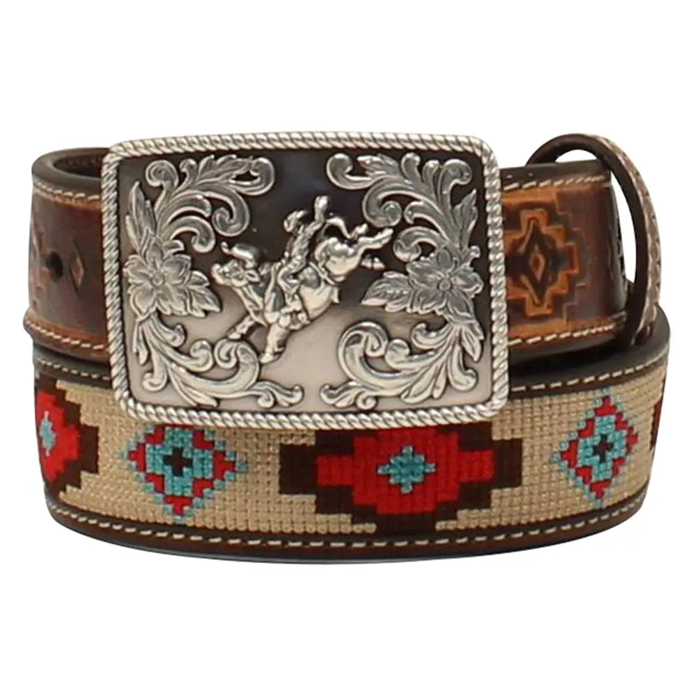 3D Boys Aztec Stitched Belt Genuine Leather Rodeo Buckle Southwestern Design 3