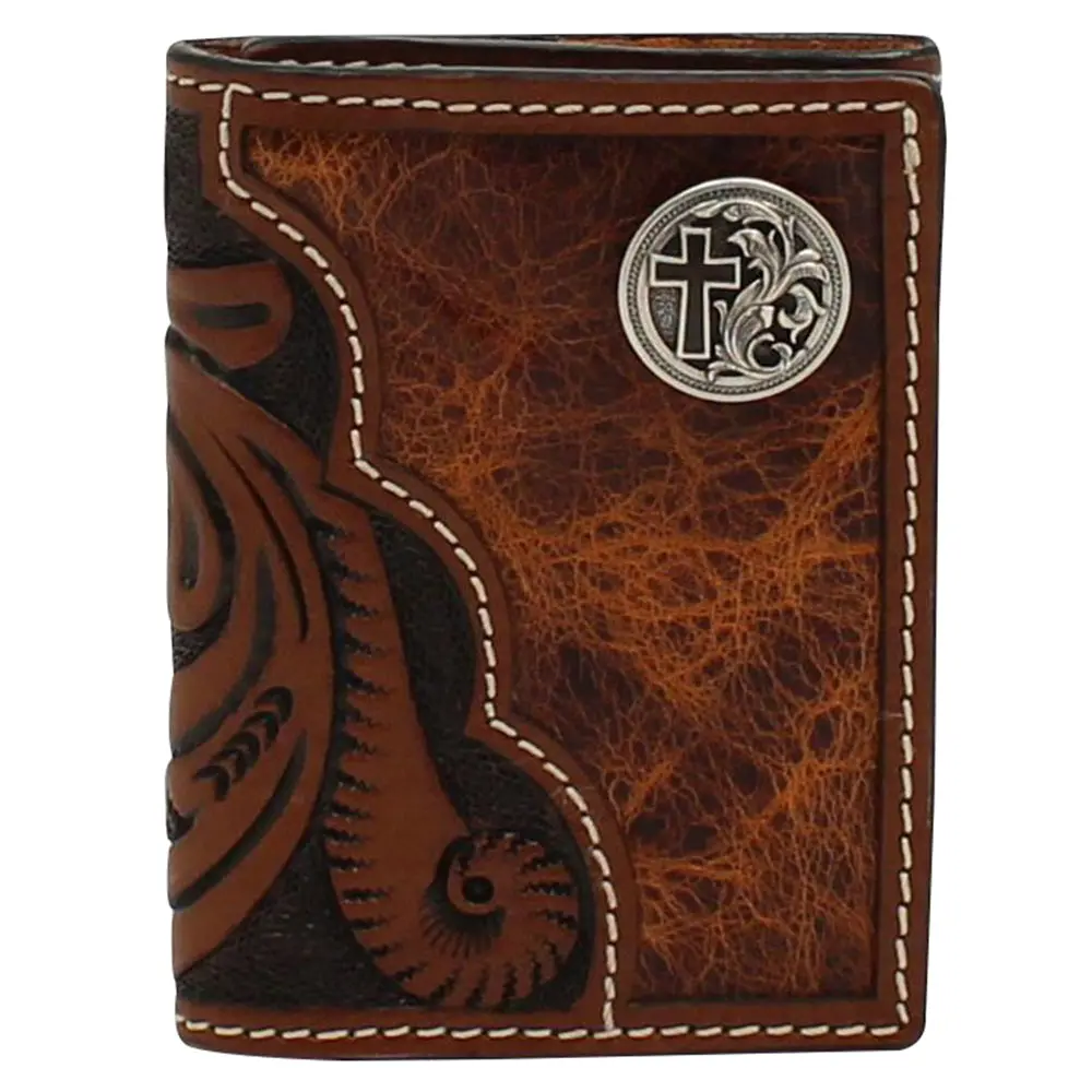 3D Mens Floral Tooled Cross Concho Trifold Wallet Buckstitch Brown 1
