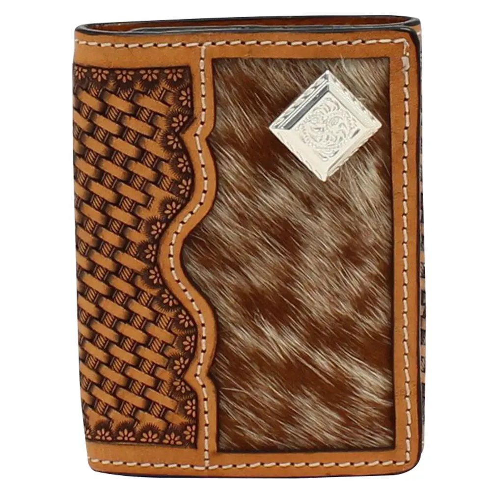 M&F Western Trifold Wallet Hand Tooled Basket Weave Calf Hair Inlay Brown 1