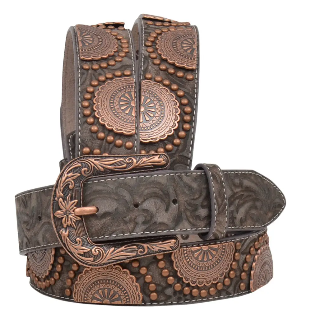 1 1/2" Wide Brown Floral Embossed Leather Copper Stud Belt 1