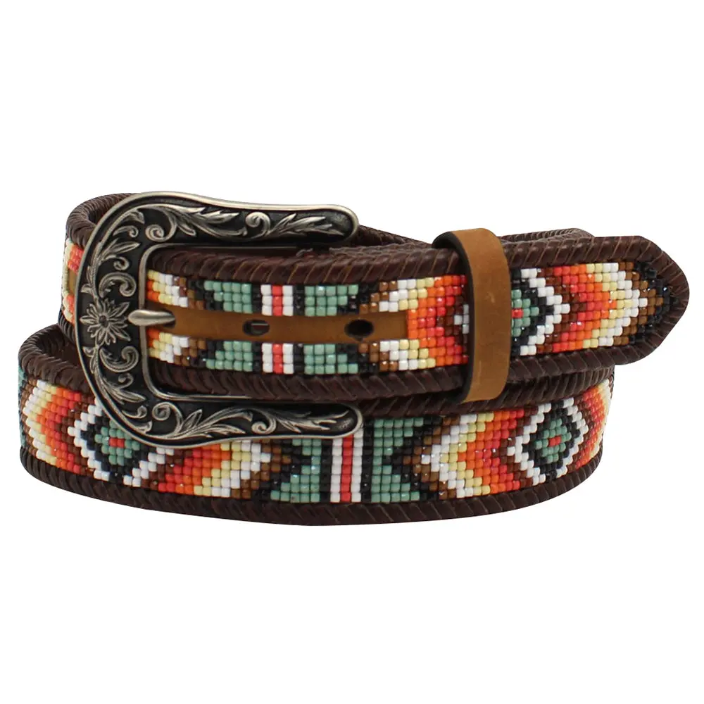 Nocona Womens Aztec Beads Laced Southwestern Leather Belt 1