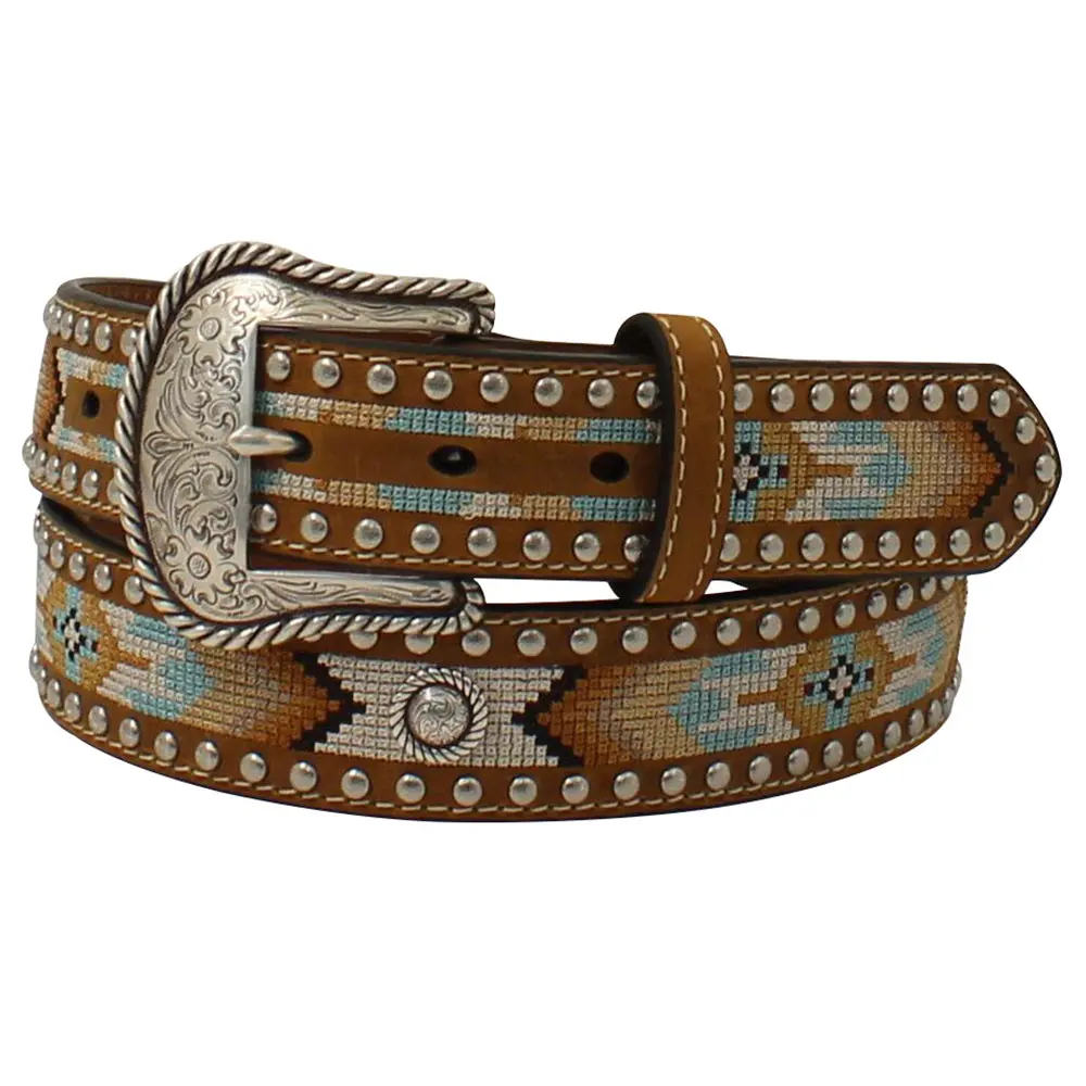 Nocona Western Womens Belt Leather Conchos Studs Embroidered Brown 1