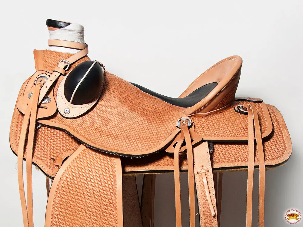 Hilason Western Horse Saddle American Leather Wade Ranch Roping Basketweave Tan | Hand Tooled & For Horses 2