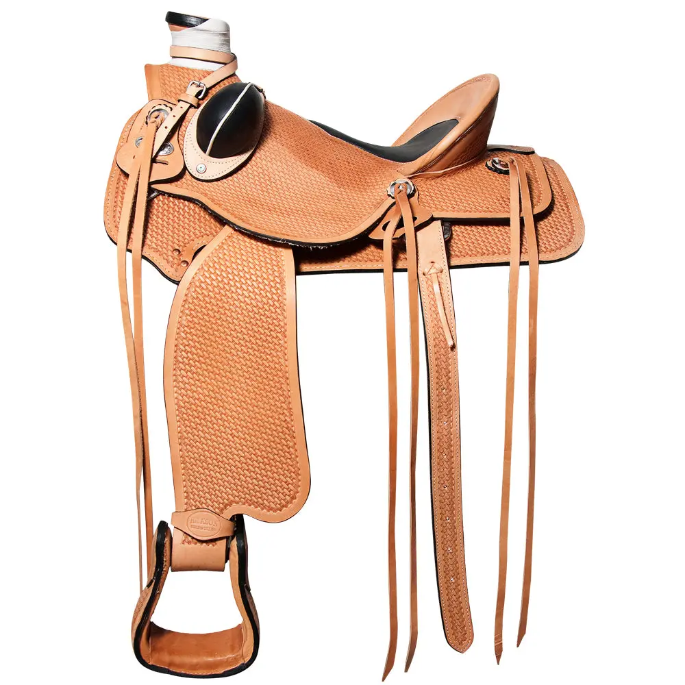 Hilason Western Horse Saddle American Leather Wade Ranch Roping Basketweave Tan | Hand Tooled & For Horses 1